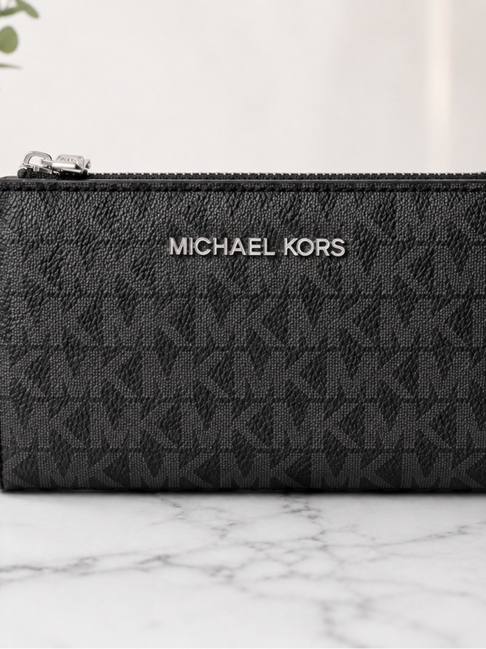 Michael Kors Black Signature MK Zip Wallet with Silver-Tone Logo